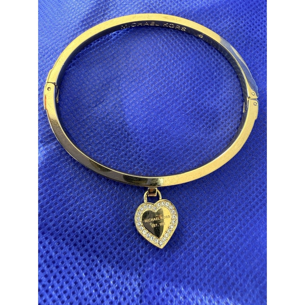 Michael Kors Gold Tone Crystal Heart Charm Bangle Bracelet Womens Love Jewelry
